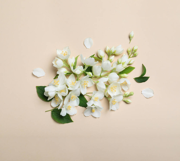 Flat lay composition with beautiful jasmine flowers on beige background - Fotografie, Obrázek