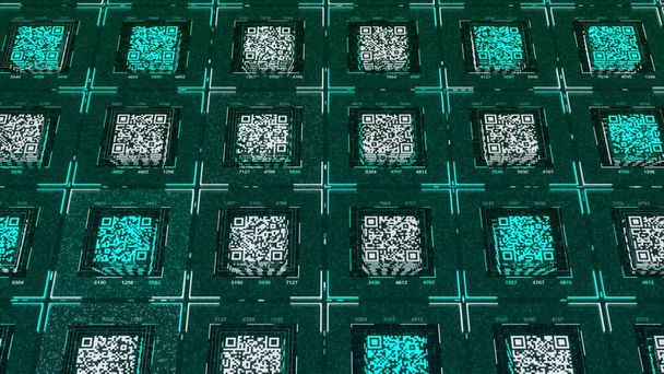 Animation of glowing green and white QR codes processing on turquoise background. Animation. Global online security and data technology concept, seamless loop. - Photo, Image