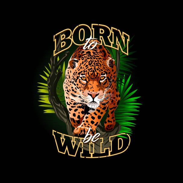 Obrázek Jaguára v džungli. Divoce zírající leopard. Narozen k divokosti. Ilustrace mnoha barev. gepard v džungli - Vektor, obrázek