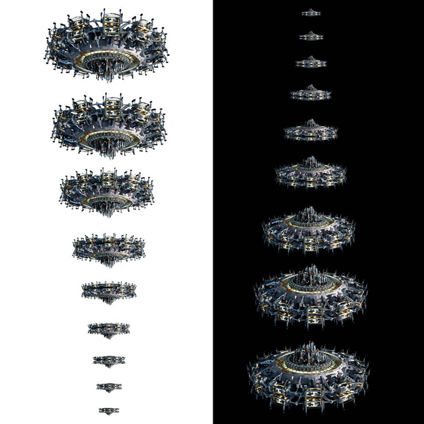 3D-рендеринг коллажа экземпляров космических кораблей НЛО в нисходящей перспективе, изолированных на белом с вырезанием пути, включенного в файл, для научной фантастики или игрового фона. - Фото, изображение