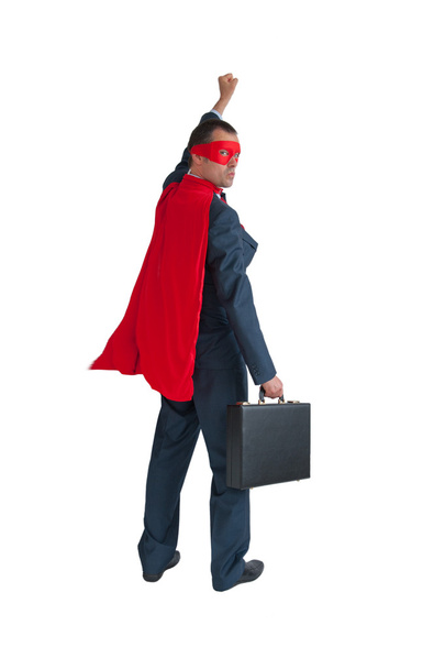 Superhelden-Geschäftsmann Faust pumpt auf Weiß  - Foto, Bild