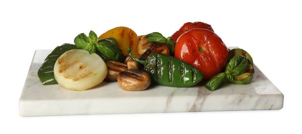 Different delicious grilled vegetables on white background. Banner design - Foto, afbeelding