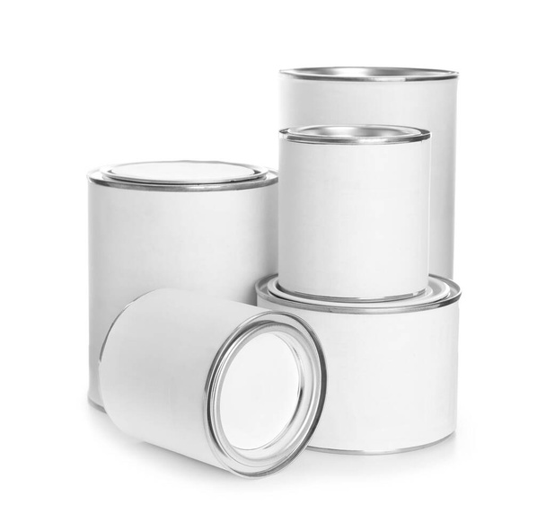 Closed blank cans of paint on white background - Foto, imagen