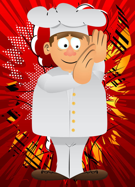 Fat male cartoon chef in uniform holds both hand at his ear, listening. Vector illustration. - Vector, Image