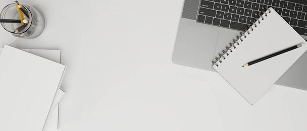 Schnappschuss eines einfachen Arbeitsplatzes mit Laptop, Notizbuch, Papieren, Bleistiften und Kopierraum auf weißem Schreibtisch, 3D-Rendering, 3D-Illustration - Foto, Bild