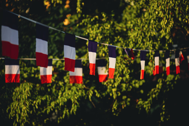 7月14日の国民の日のフランスの庭のパーティーでのフランスの国旗とフィールドの浅い深さ(選択的焦点)の詳細. - 写真・画像