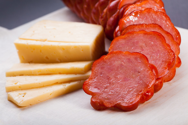 Fresh salami sausage with cheese - Zdjęcie, obraz