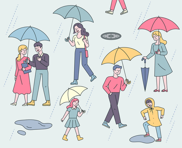 Op een regenachtige dag lopen veel mensen op straat met paraplu 's. schets eenvoudige vector illustratie. - Vector, afbeelding
