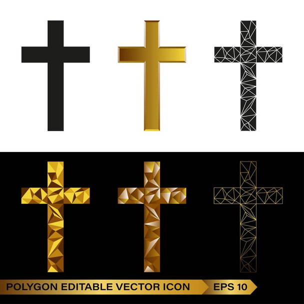 Luxusní Christian Cross Icon Logo Design. S prémiové Polygonal Low Poly černé a zlaté barvy na černém pozadí. Katolický symbol vektorové ilustrace. Zářící Veselé Vánoce zlatá ikona - Vektor, obrázek