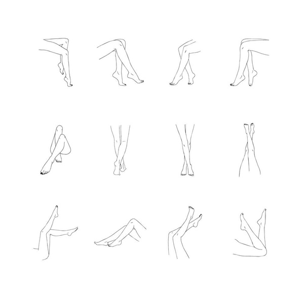 Weibliche Beine Kollektion. Handgezeichnete lineare Frauenfüße in verschiedenen Posen. Vector Illustration eleganter Ikonen im trendigen minimalistischen Stil - Vektor, Bild