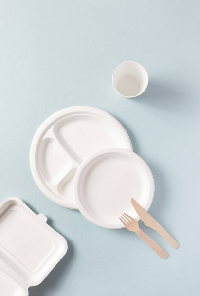 Plastové jednorázové stolní nádobí pohled shora, vertikální. Papírový talíř, nádoby na jídlo, sklo, dřevěná vidlička, nůž. Kompostovatelné nebo biologicky rozložitelné nádobí - Fotografie, Obrázek