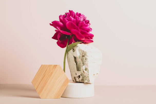 Μοντέρνο βάθρο ξύλινα γεωμετρικά σχήματα πέτρα πράσινο φρέσκα λουλούδια φυτό παστέλ παστέλ ροζ φόντο. Αφηρημένο φόντο - Φωτογραφία, εικόνα