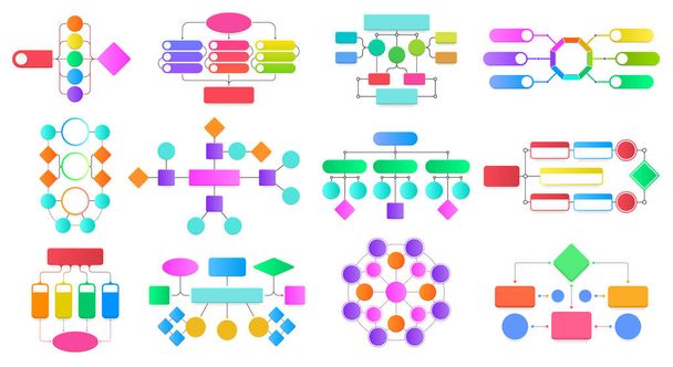 Flowchart infographic diagrammen. Blok flowchart diagrammen, werkproces structuur presentatie schema 's vector illustratie set. Werkstroomstappenplannen - Vector, afbeelding