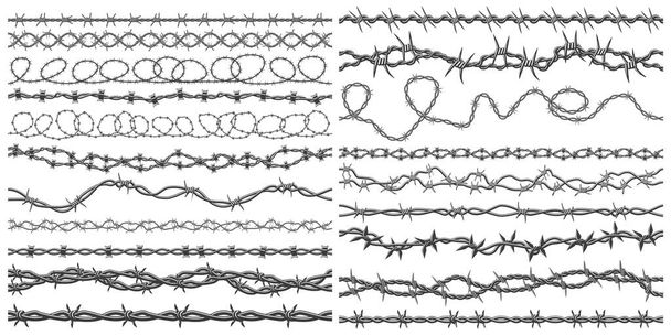 Silhouettes de fil de rasoir. Barbelés métalliques éléments de bordure de fil, brusquement barbelés clôtures vectorielles symboles ensemble. Fil barbelé de prison - Vecteur, image