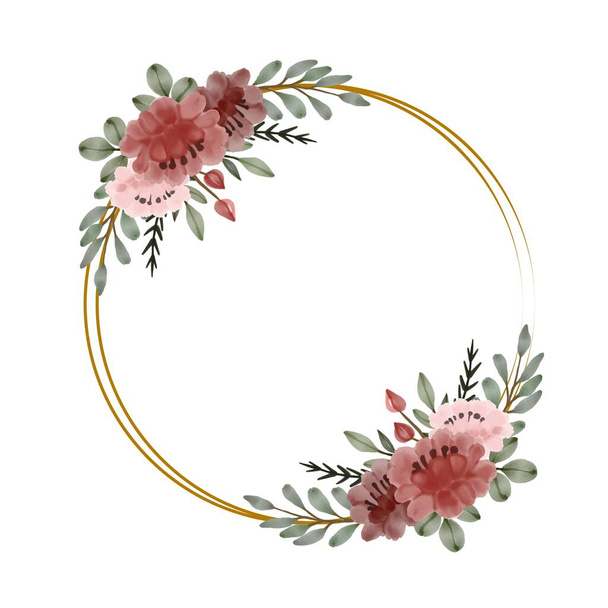 marco de oro círculo con ramo de flores rojo y rosa - Vector, imagen
