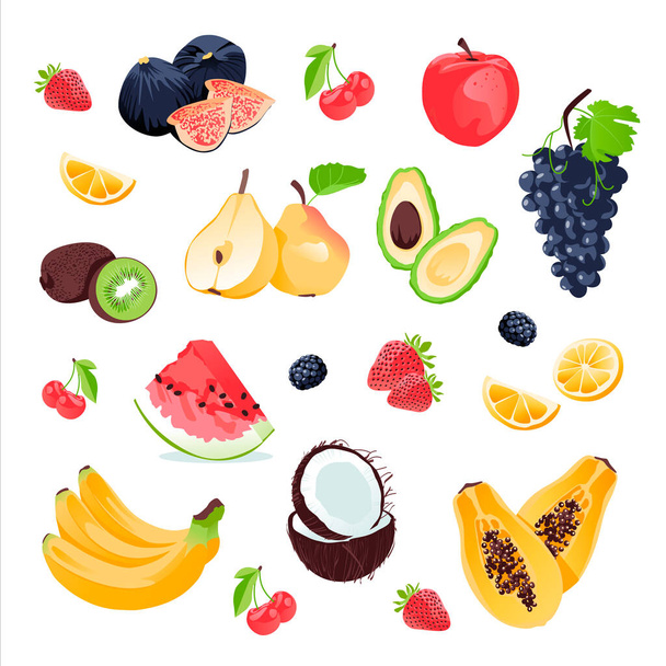 Raspberries, strawberries, apple, pear, papaya grapes, coconut, apple, cherry, banana, watermelon, avocado set. Vector illustration of berries and fruits in cartoon style.  - ベクター画像