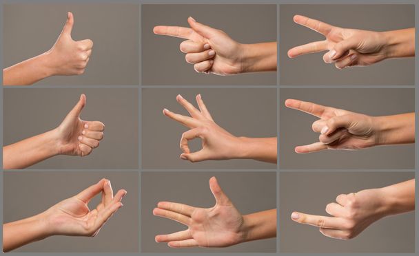 ανθρώπινο χέρι συλλογή, διαφορετικά χέρια, χειρονομίες, σήματα και σημεία - Φωτογραφία, εικόνα