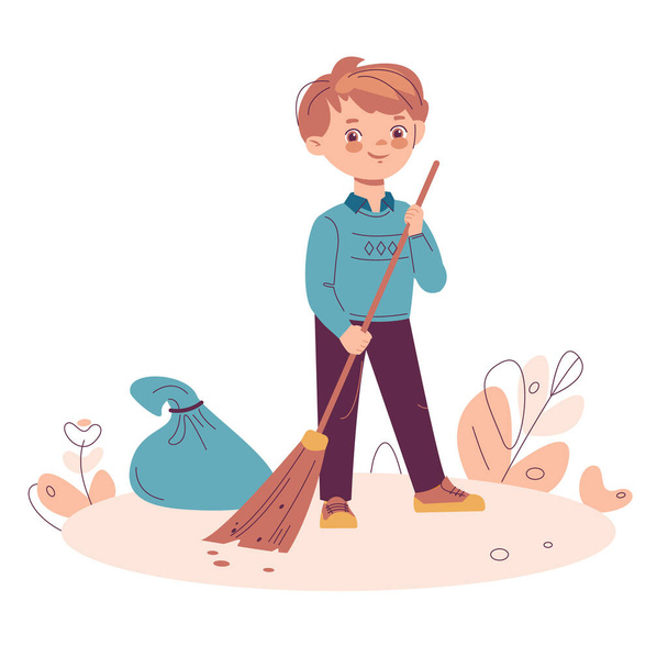 Little boy sweeping the trash. Vector illustration in flat cartoon style. Isolated on a white background. - Vektor, obrázek