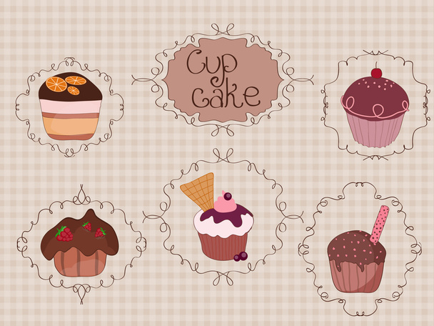 Set of Cup Cakes on vintage background with curly frames - Vettoriali, immagini