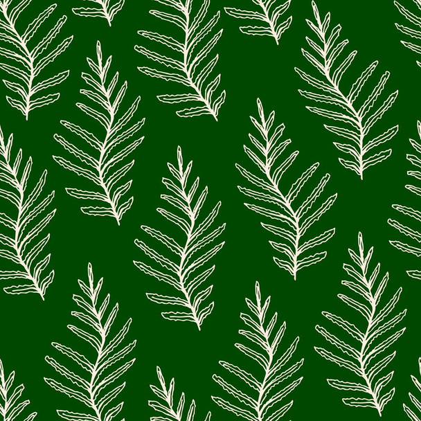 Hand-drawn floral vector seamless pattern. Foliage, fern light contour on a green background. For prints of fabric, textile products, packaging. Plants, nature. - Вектор, зображення