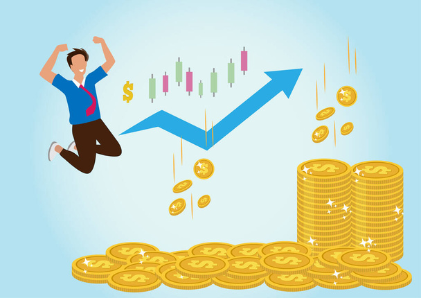 profitable investment flat fundraising vector illustration stock market income successful businessman standing on pile of coins. Flat style cartoon illustration vector - Vector, Image