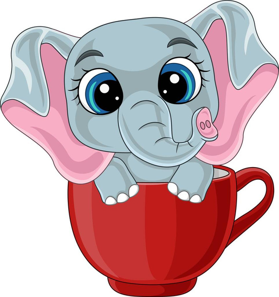 Vector illustration of Cartoon cute baby elephant sitting in red cup - Vector, Image