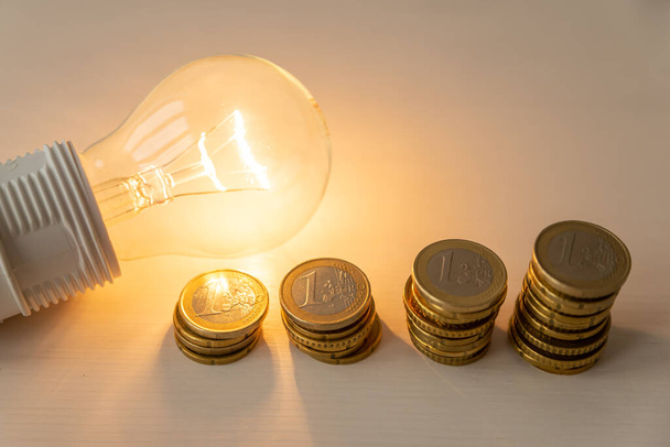 Lit light bulb with coins beside it. Increase in energy tariffs. Efficiency and energy saving.  - Photo, Image