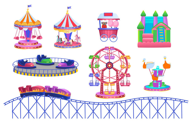 Theme Park set with electric cars, ferris wheel, carrousel, trampoline. Amusement park. Vector illustration for children. - Vector, Image
