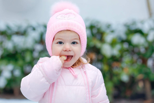 Portrait of little toddler girl walking outdoors in winter. Cute toddler eating sweet lollypop candy. Child having fun on cold snow day. Wearing warm baby pink clothes and hat with bobbles. - Photo, Image