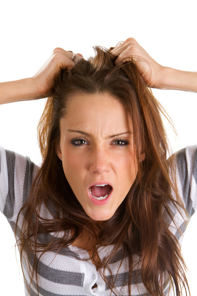 Femme tire ses cheveux dans la frustration
. - Photo, image