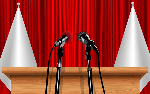 houten aankondiging podium en microfoon op de witte vlaggen achtergrond - Vector, afbeelding