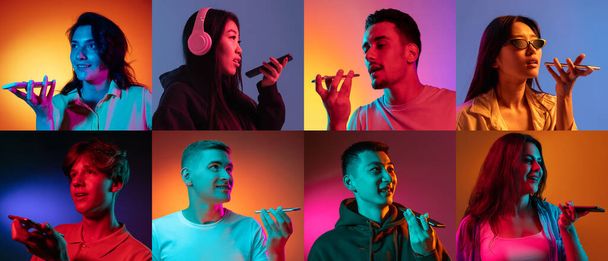 Recording voice message. Portraits of different surprised people on multicolored background in neon light. Flyer, collage - Fotó, kép