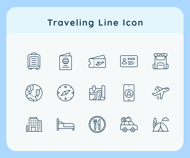 iconos de viaje conjunto colección paquete paquete blanco aislado fondo con línea esquema estilo vector diseño ilustración - Vector, imagen