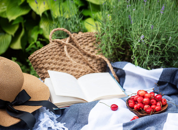 Summer picnic in lavender field. Still life summer outdoor picnic with berries, straw hat and book - Foto, Imagen