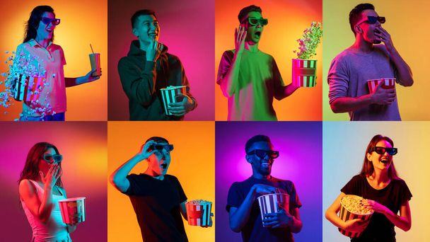 Collage of images of young smiling women and men watching movie, posing at camera isolated over multicolored neon backgrounds. Flyer. - 写真・画像