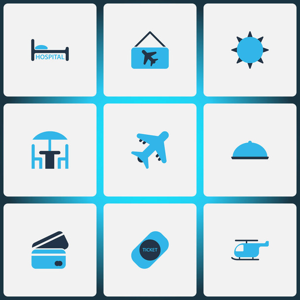 Trip icons colored set with credit card, food, aircraft and other chopper elements. Isolated illustration trip icons. - Foto, imagen