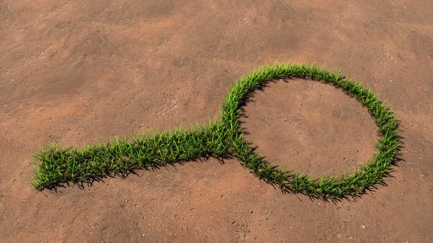 Концепция или концепция зеленой летней газонной травы символизирует форму на коричневом почвенном или земном фоне, знак лупы. 3D иллюстрации метафора для науки, исследования, развлечения, игры и исследования - Фото, изображение