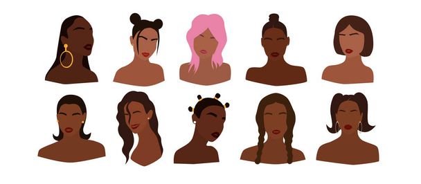 Set of portraits of faceless women. Collection of abstract girls with different hairstyles. Trendy minimal vector illustration isolated on white background - Vettoriali, immagini