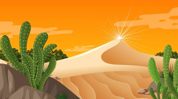 Paisaje del bosque del desierto al atardecer escena del tiempo con muchos cactos ilustración - Vector, Imagen