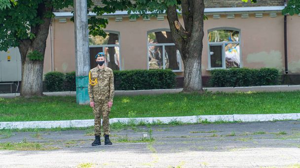 Presidente Poroshenko da Ucrânia, juntamente com militares. Os estudantes do liceu militar de Kiev receberam o nome de Ivan Bohun para fazer um juramento de fidelidade à Ucrânia. Lutsk, UCRÂNIA - 14 de outubro de 2020 - Foto, Imagem