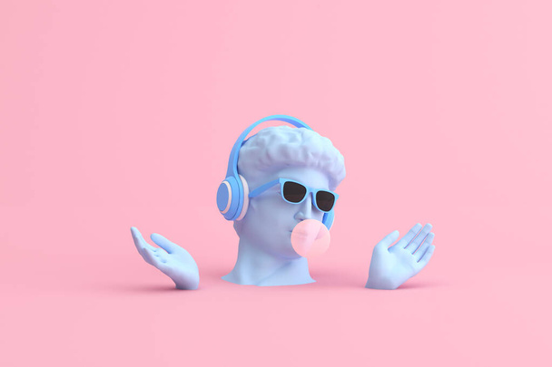 Minimális jelenet napszemüveg és fejhallgató emberi fej szobor, zenei koncepció, 3D-s renderelés. - Fotó, kép