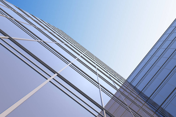 Alhainen kulma näkymä futuristinen arkkitehtuuri, pilvenpiirtäjä yrityksen toimistorakennus, 3D renderöinti. - Valokuva, kuva