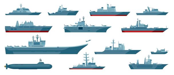 Military boats. Aircraft carrier, warship, navy frigate, battleship, submarine, war vessel. Naval combat ships or frigates vector set - Vector, Image