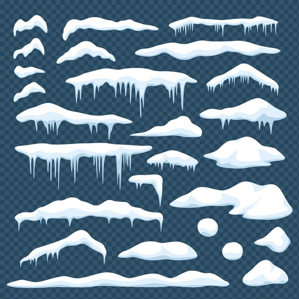 Cartoon snow. Window or roof snow caps with icicles, snowballs, snowdrifts. Christmas snowy frame, winter decor element vector set - Vector, Image