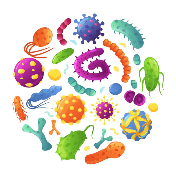 Des germes de dessins animés en cercle. Bactéries, cellules cancéreuses, virus, germes, micro-organismes. Ensemble de vecteurs de microbes et d'organismes pathogènes causant diverses maladies - Vecteur, image
