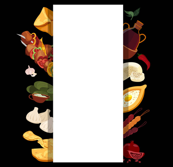 Grúz konyha Banner menü.Ázsiai hagyományos élelmiszer szórólap.Különböző ételek Broadsheet Poster.Adjarian khachapuri, khinkali, shashlik, dolma, dishes.Flat Vector illusztráció elszigetelt fekete háttér - Vektor, kép