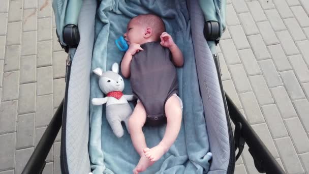 Bebé recién nacido acostado en un carro de bebé, chupando un chupete. Un niño en un carro de bebé está tratando de conciliar el sueño.. - Metraje, vídeo
