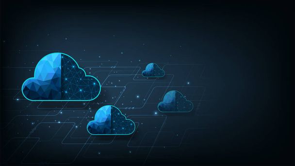  Cloud Computing concept design.Cloud storage con scambio dati protetto Cloud computing, big data center, su sfondo blu scuro.Cloud Technology illustration concept. - Vettoriali, immagini