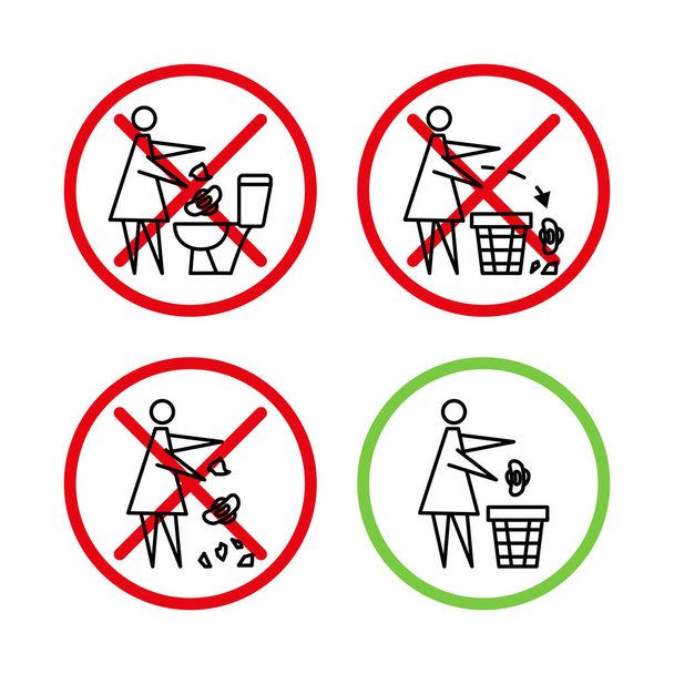 Älä roskaa pönttöön. Vessa ei roskia. Nainen heittää saniteettipyyhkeitä vessaan. Käytä roskakoria paperipyyhkeisiin, hygieniatuotteisiin. Kieltokuvakkeet. Kielletty kyltti. Vektori - Vektori, kuva