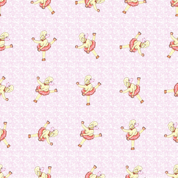 Watercolor seamless repeating pattern pattern with a dancing sheep toy on a background of pink hearts - Fotoğraf, Görsel